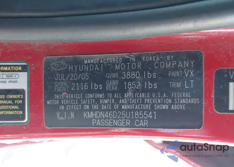 2005 Hyundai Elantra Gls/Gt z USA, uszkodzony, nr VIN KMHDN46D25U185541